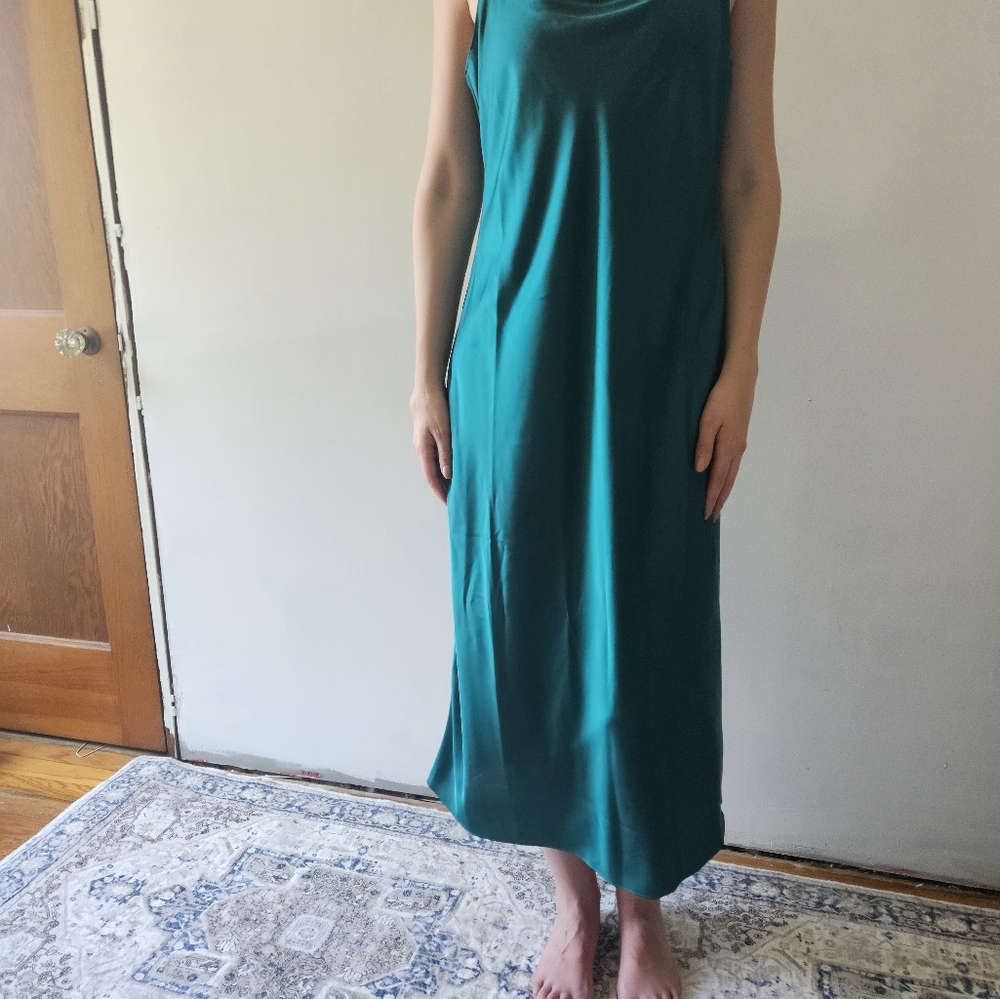 J Crew Satin Slip Dress Midi Maxi Long Teal Blue Green Emerald Straps Square 8 M